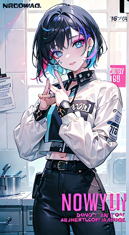 ((mixed colors hair)), bright lighting, masterpiece,1girll, ((short hair)), ((16-year-old female model)), (((cowboy shot)) 2D, detailed eyes, ((Text)), tile, cover, bold, attention-grabbing, title, stylish, ((font)), catchy, headline, beautiful eyes, eyes focus, detailed hands, ((better fingers)),