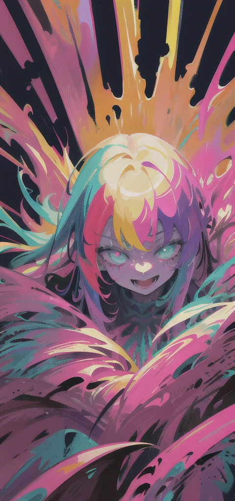 Close-up of a color painting of a large-mouthed demon, psychedelic laughing demon, Scary color art in 4 K, colorfully ominous background, psychedelic cosmic horror, hyper color digital art, bright colors highly detailed, Colorful explosions, Colorful horror art, Colorful film art, Colorful illustrations, Vibrant neon ink painting, scary detailed art in color