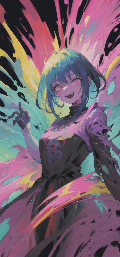 Close-up of a color painting of a large-mouthed demon, psychedelic laughing demon, Scary color art in 4 K, colorfully ominous background, psychedelic cosmic horror, hyper color digital art, bright colors highly detailed, Colorful explosions, Colorful horror art, Colorful film art, Colorful illustrations, Vibrant neon ink painting, scary detailed art in color