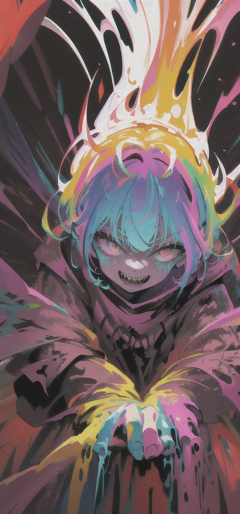 Close-up of a color painting of a large-mouthed demon, psychedelic laughing demon, Scary color art in 4 K, colorfully ominous background, psychedelic cosmic horror, hyper color digital art, bright colors highly detailed, Colorful explosions, Colorful horror art, Colorful film art, Colorful illustrations, Vibrant neon ink painting, scary detailed art in color