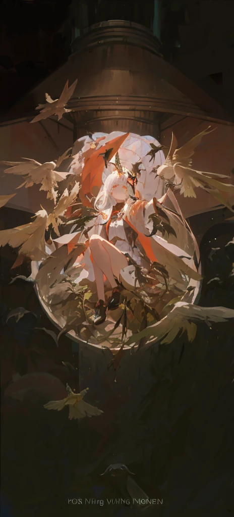 there is a man standing on a pile of birds with a sword, concept art inspired by Ross Tran, trending on pixiv, conceptual art, swarms of ravens, huginn and muninn flying above, crows, wings growing out of arms, crows as a symbol of death, cushart, huge wings growing out of arms, crows beautiful, among ravens