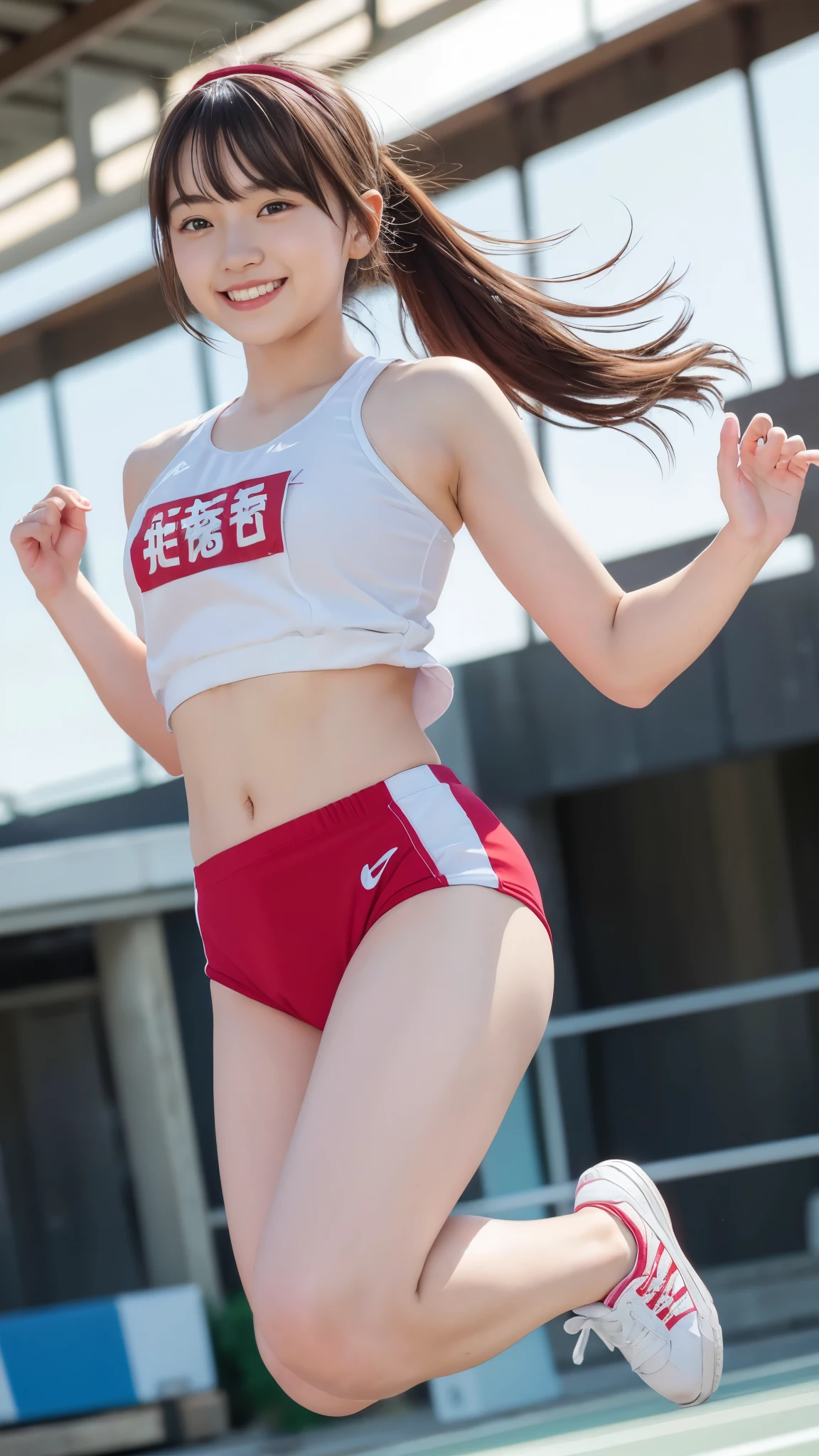 Realistic photos、18-year-old、cute、One Girl、(Realistic Skin:1.5)、Jump for joy!、（Fabric hair band on forehead、Bright red hairband、White sneakers:1.3)、Brown eyes、Track and field athlete、Full body photo、Beautiful feet、Thighs、Colorful sportswear、Bloomers、Black Hair、Straight hair、bangs、ponytail、smile、Be happy、Live Shooting、highest quality、High resolution、(masterpiece)、Professional photos、（chromatic aberration:1.3）、8K resolution、Intricate details、Fine grain、超High resolutionの目、Physically Based Rendering、8k wallpaper、Ultra Wide Angle、Wide-angle photography、