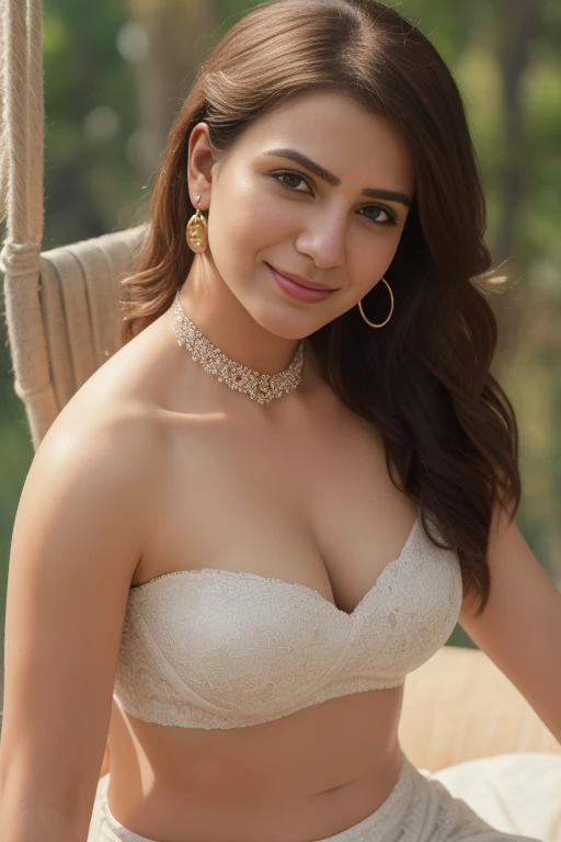 night scene, 85mm f/1.4, 15mm, 35mm, 4k, high resolution, 4k, 8k, hd, full colour, 4k, 8k, 4k, high definition, low angle shot of close up photo of indian, big cheeks, sexy navel, hanging in swing chair and bending over viewer on Mount Everest, off shoulder strapless cowl neck lace bra, deep cut neckline, perfect figure, swooping breasts, deep cleavage, ponytail hair, necklace, look at viewer and smile, (cinematic:1.3), intricate details, (ArtStation:1.2), big breast 