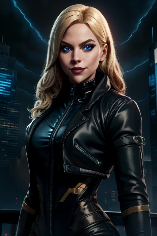 Dinah, blue eyes, blonde hair, 
black body suit, zipper, black cropped jacket, 
Gotham city, night,  bar, 
(insanely detailed, masterpiece, best quality),smile,   standing, upper body, 
solo, 