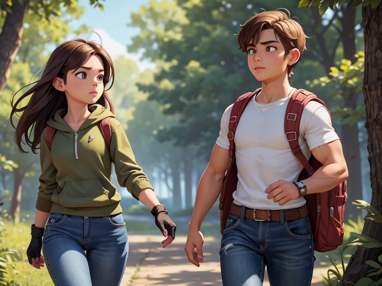 masterpiece; Style: daily; necessary background: Nature of Russia, middle line, random landscape; обязательный Style одежды: zip-up sweatshirt, jeans, hiking boots, fingerless gloves, backpack; Characters: 1 effeminate guy(looks defenseless) and 1 muscular girl with an aesthetic almost flat chest (Sexy look)(quite capable of walking half naked) (absolute similarity(twins)) Brother and sister, very tousled brown hair, Brown eyes, round beautiful face, muscular proportional athletic trained body, trained arms and legs, Graceful fingers, aesthetic proportional small wide nose, plump lips; aesthetic completeness, perfect face; Free standing pose, Interaction with each other; many small details, complex parts; High quality textures, high detail, Realistic human anatomy, realistic textures, daylight, increased image clarity
