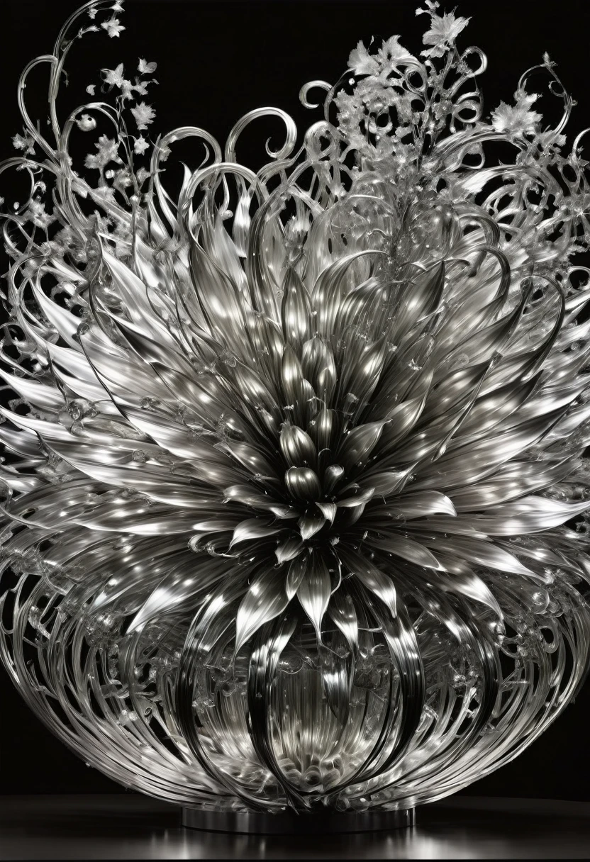 B&W, made of liquid metal, by Dale Chihuly, best quality, masterpiece, very aesthetic, perfect composition, intricate details, ultra-detailed