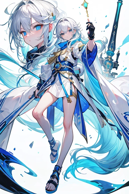 Best Quality、masutepiece、face perfect、8K High Resolution、(1 boy), animesque, animesque boy, White hair, Long hair、Light blue eyes, Wearing a long, white, Open coat, secured with a black sash、was wearing a white hood, white and gold outline, And a gold chain is fastened to his back, Serious, 8K, tall, animesque、 full body illustration,