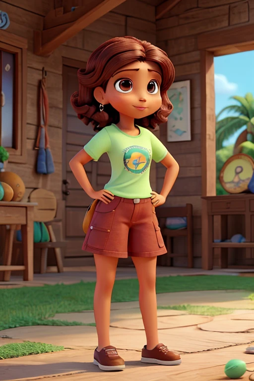 morena clara ,cabelos marrom crespo e curto, olhos castanhos,blusa bege,calca saia marrom, sapatos verde. Desenho pixar, Disney 4K