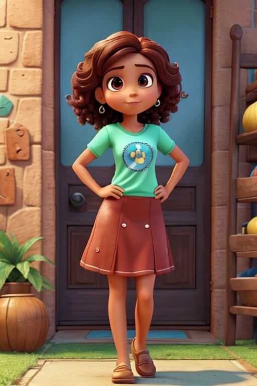 morena clara ,cabelos marrom crespo e curto, olhos castanhos,blusa bege,calca saia marrom, sapatos verde. Desenho pixar, Disney 4K