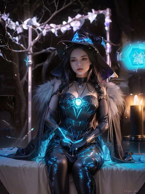 depicts a modern-day witch who has embraced the world of cybernetics to enhance her magical abilities. The artwork should convey the enchanting blend of traditional witchcraft and futuristic technology. Here are some specific elements to include: The Witch's Lair: The setting should be a cozy yet slightly eerie room, filled with magical books, crystal balls, potion ingredients, and antique furnishings. The room should be dimly lit by candles and a soft, mystical glow emanating from her cybernetic enhancements. The Cyborg Witch: The central focus of the artwork is the witch herself. She's a striking figure with a mix of traditional witch attire and cybernetic enhancements. Her clothing should have a witchy, occult aesthetic, with flowing robes, a pointed hat, and an intricate pentagram necklace. Her arms, however, have been upgraded with cybernetic components that incorporate magical symbols and glowing runes. Magical Interface: The witch is in the midst of casting a spell, with a holographic, touch-screen interface floating before her. This interface includes spell incantations, arcane symbols, and digital components, demonstrating her fusion of magic and technology. Spell Ingredients: On a nearby table, there should be a collection of spell ingredients, like herbs, potions, and magical artifacts. Some of these items may have been modified with cybernetic enhancements, blurring the line between the natural and the technological. Familiar: The witch's familiar, perhaps a cat or raven, should be present in the scene, serving as her magical companion. The familiar could also have subtle cybernetic enhancements or glowing eyes. Glowing Runes: The room should be adorned with ancient symbols and glowing runes on the walls and floor, contributing to the magical atmosphere. Aetherial Lighting: Use a combination of mystical, ethereal lighting and cybernetic glows to create a captivating interplay of light and shadow. The contrast between the tradit
