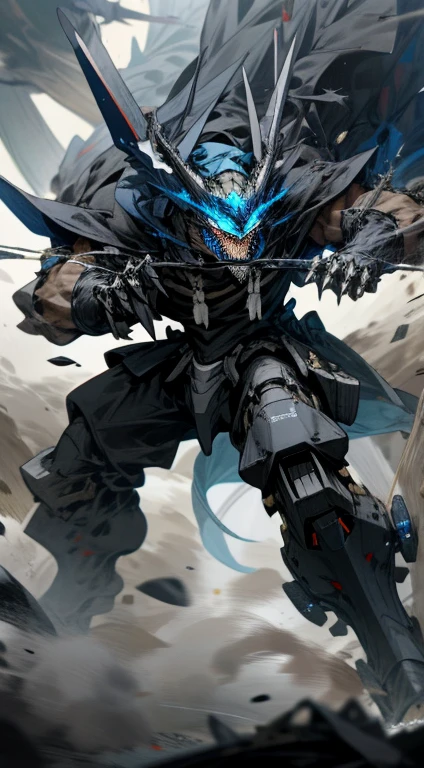 White and black mechs, Dragon helmet, Claw weapons, Giant claws, Attack, Blue, Navy, extremly high detail, black, beast, Animal, mito, Dark, cavalier, Crush, 4 legs,