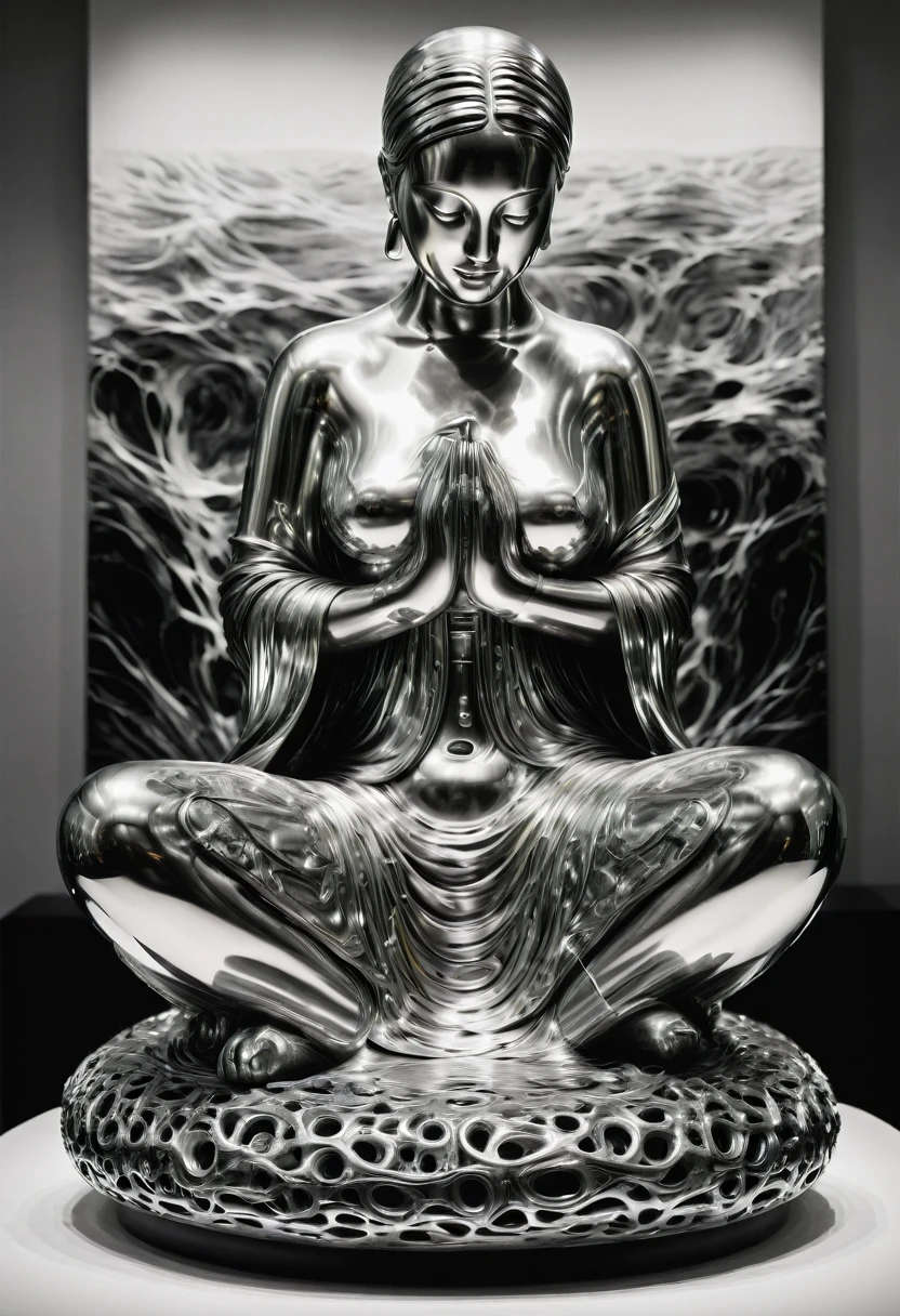 B&W, made of liquid metal, by Henry Moore, best quality, masterpiece, very aesthetic, perfect composition, intricate details, ultra-detailed