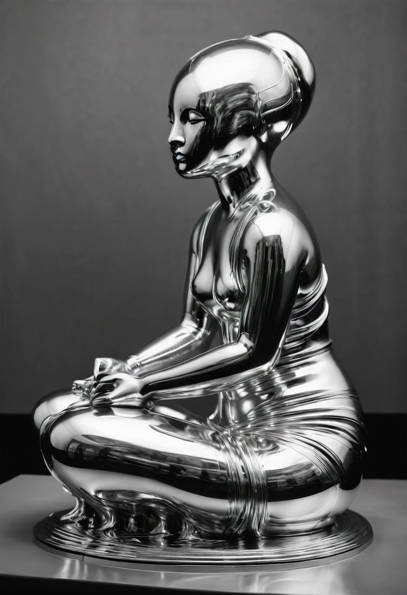 B&W, made of liquid metal, by Henry Moore, best quality, masterpiece, very aesthetic, perfect composition, intricate details, ultra-detailed