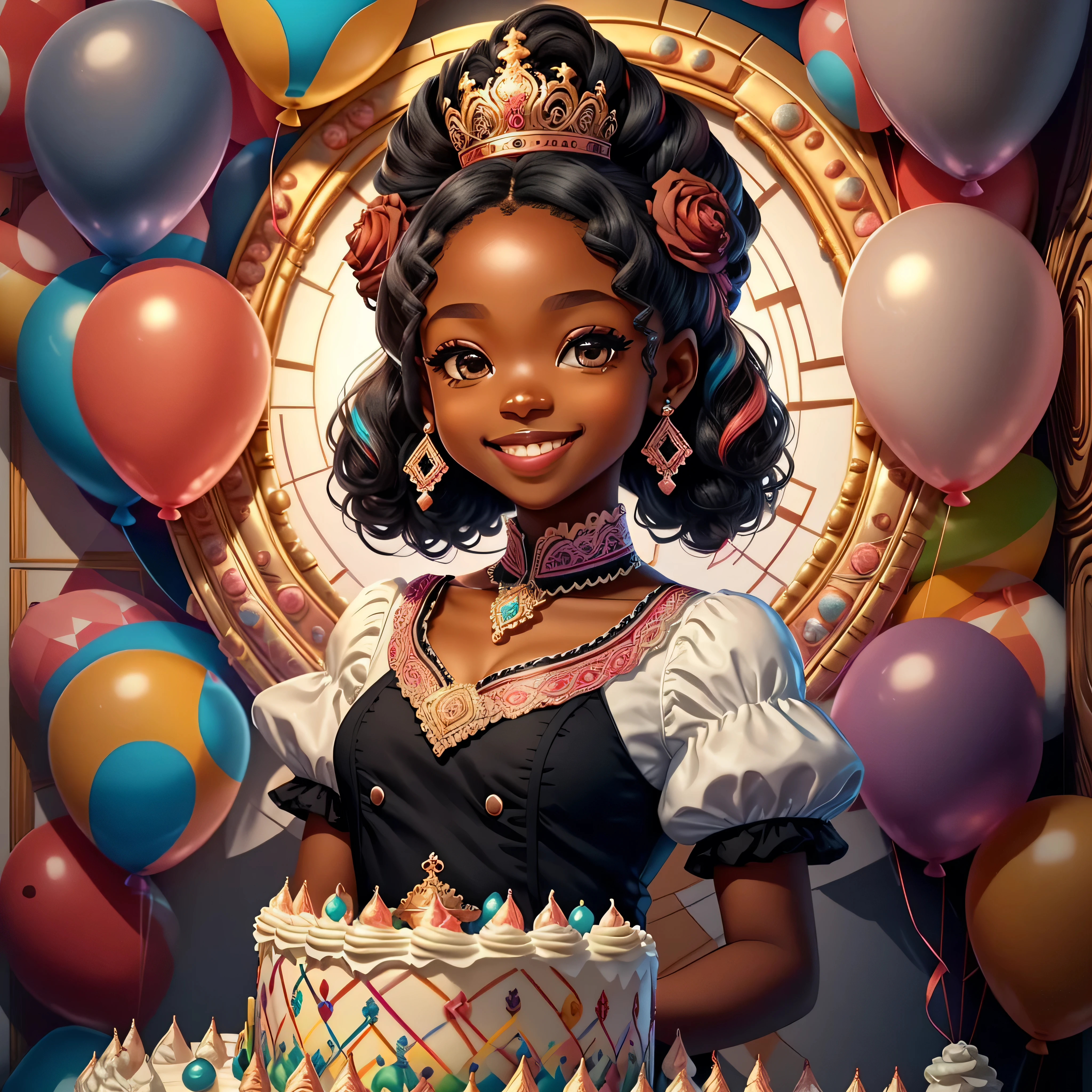 ((|) (cute black princess smiling, happy celebration, ballons, beautiful cake ) stylized identical to 1940 |)), acolchoamento ,multidimensional geometric wall PORTRAIT, arte, Chibi,
Yang016K, lindo,(( Predominant red coloration ,rosa e branco))
Primary works, qualidade superior, melhor qualidade, Arte Oficial, Lindo e Estetaduardo Kobra acolchoamento ,multidimensional geometric wall PORTRAIT, arte, Chibo,detalhes