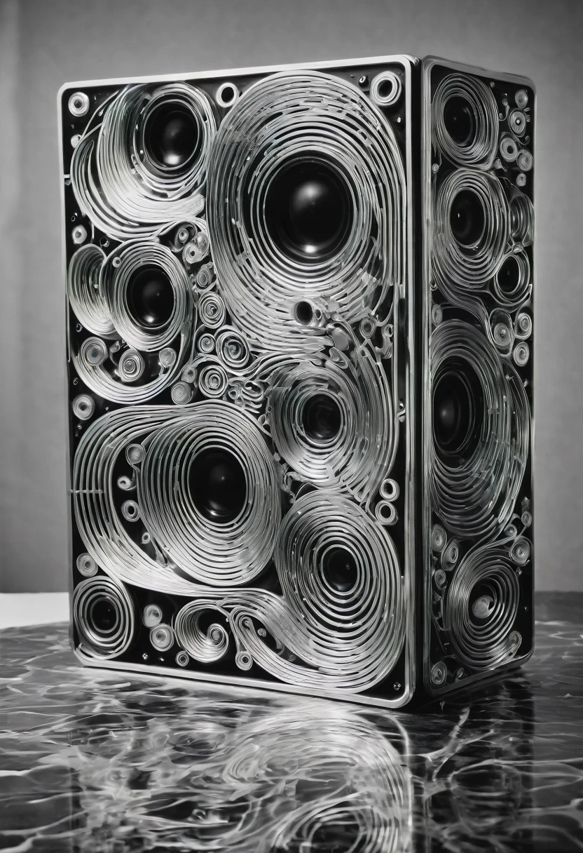 B&W, made of liquid metal, by Alvar Aalto, best quality, masterpiece, very aesthetic, perfect composition, intricate details, ultra-detailed