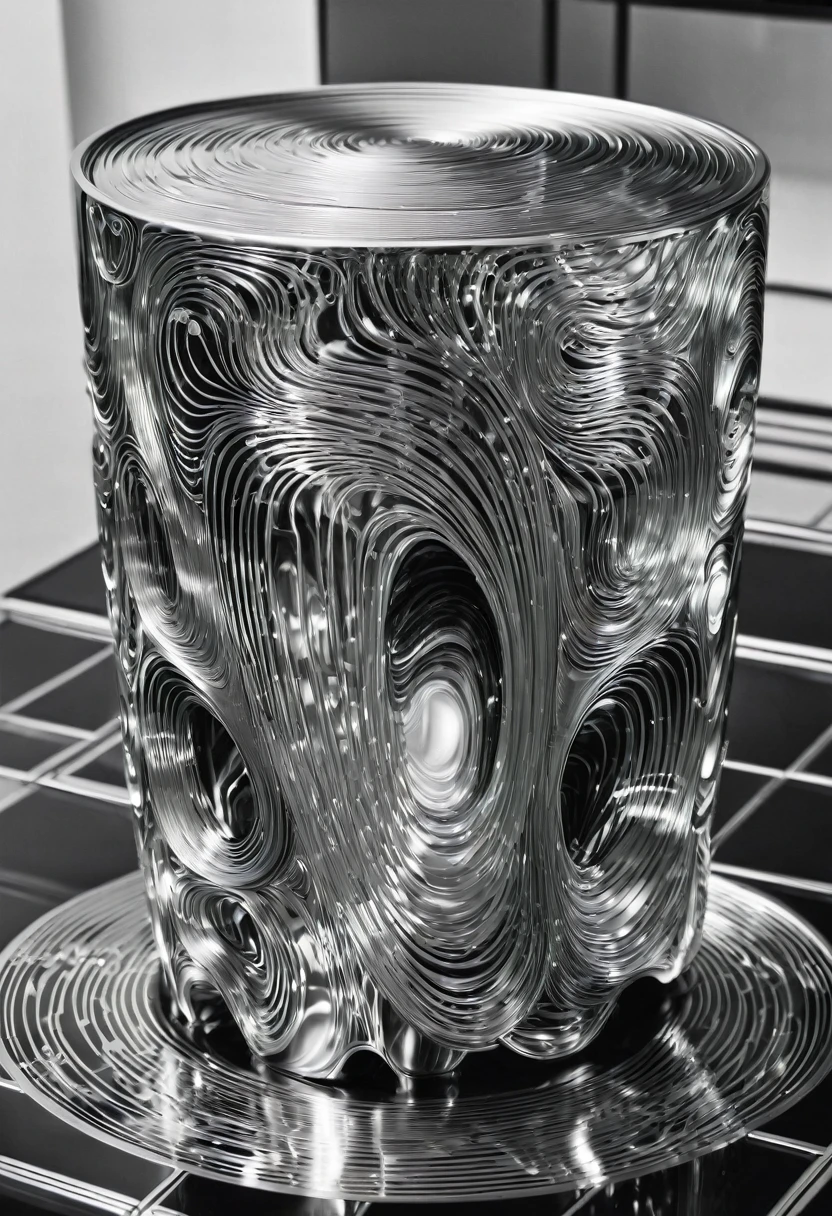 B&W, made of liquid metal, by Alvar Aalto, best quality, masterpiece, very aesthetic, perfect composition, intricate details, ultra-detailed