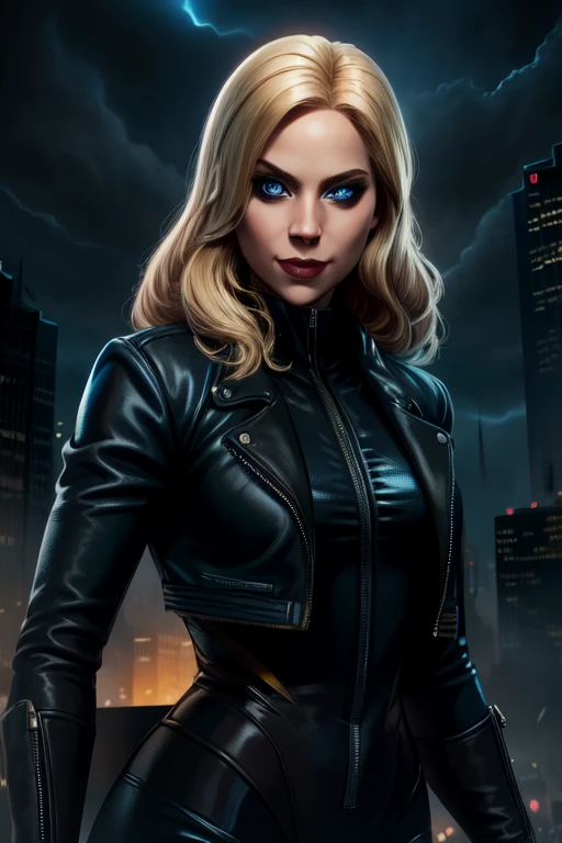 Dinah, blue eyes, blonde hair, 
black body suit, zipper, black cropped jacket, 
Gotham city, night,  bar, 
(insanely detailed, masterpiece, best quality),smile,   standing, upper body, 
solo, 