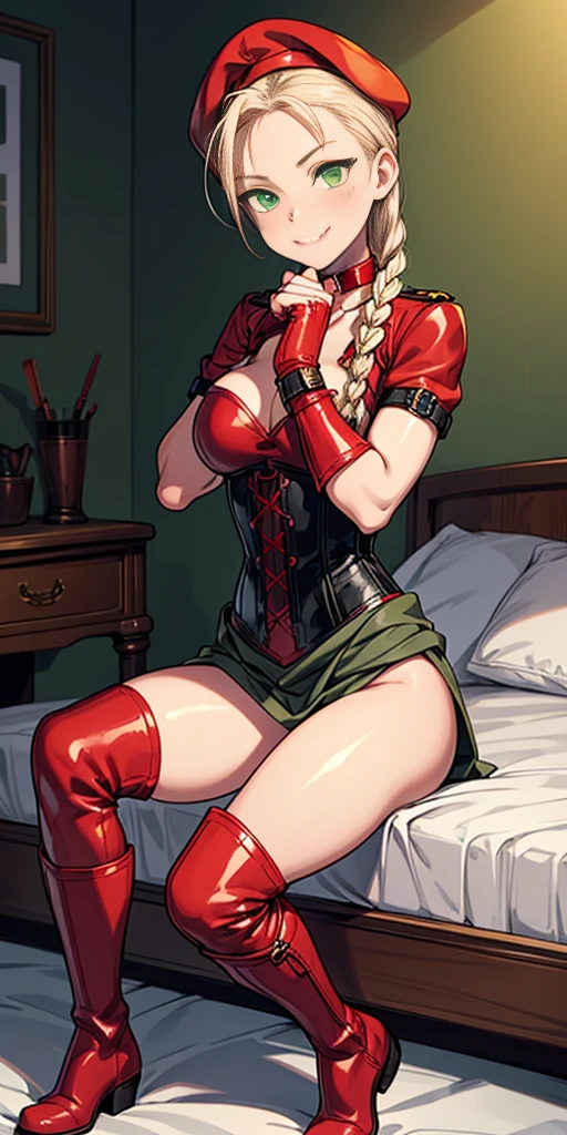 masterpiece, best quality, Cammy White blonde messy hair with 2 braids, green eyes, red bennie, sitting full body on bed clenched fists hands on waist, strong abs, leather collar choker, leather corset, red cheeks smile closed, red military  boots, red bootstraps, red gloves gauntlets cover fingertips