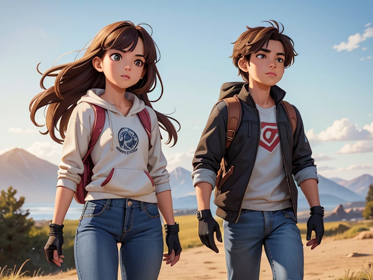 masterpiece; Style: daily; necessary background: Nature of Russia, middle line, random landscape; обязательный Style одежды: zip-up sweatshirt, jeans, hiking boots, fingerless gloves, backpack; Characters: 1 effeminate guy(looks defenseless) and 1 muscular girl with an aesthetic almost flat chest (Sexy attractive image)(quite capable of walking half naked) (absolute similarity(twins)) Brother and sister, very tousled brown hair, Brown eyes, round beautiful face, muscular proportional athletic trained body, trained arms and legs, Graceful fingers, aesthetic proportional small wide nose, plump lips; aesthetic completeness, perfect face; Free standing pose, Interaction with each other; many small details, complex parts; High quality textures, high detail, Realistic human anatomy, realistic textures, daylight, increased image clarity