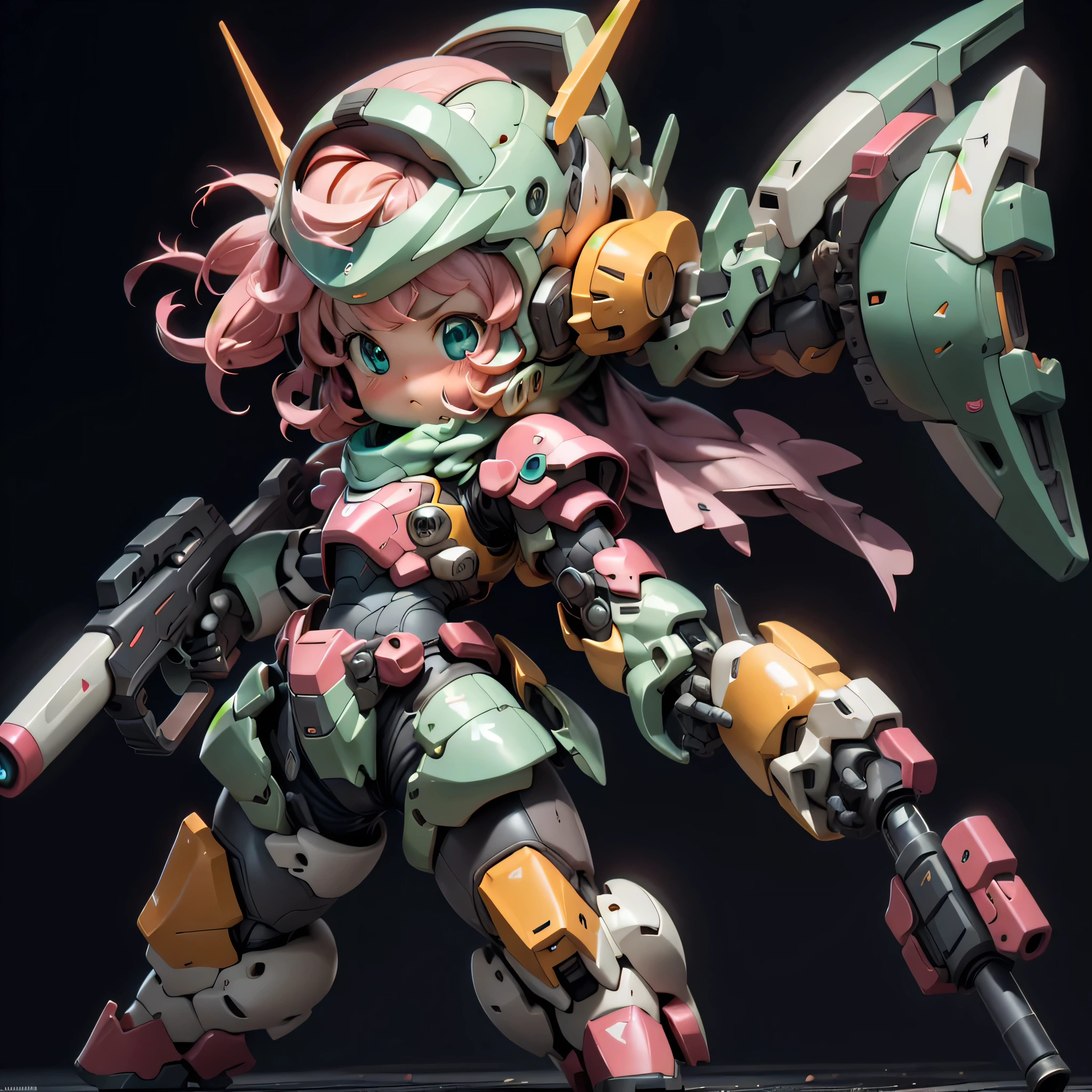 BJ_Cute_Mech,1girl,solo,blush,blue_eyes,holding,closed_mouth,standing,full_body,weapon,pink_hair,chibi,holding_weapon,armor,aqua_eyes,gun,helmet,black_background,clenched_hand,holding_gun,mecha_musume,power_armor,cinematic lighting,strong contrast,high level of detail,Best quality,masterpiece,White background,