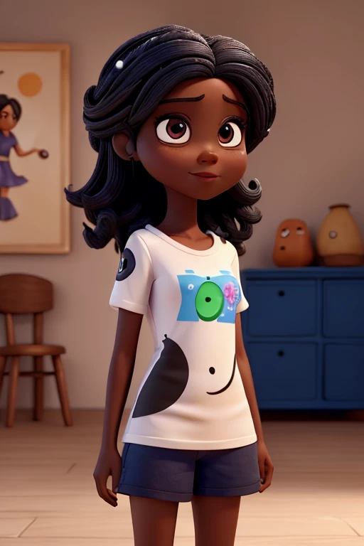 clara ,cabelos preto escuro e longo, olhos preto e pequenos,blusa vermelha,calca preta, sapatos preto. Desenho pixar, Disney 4K