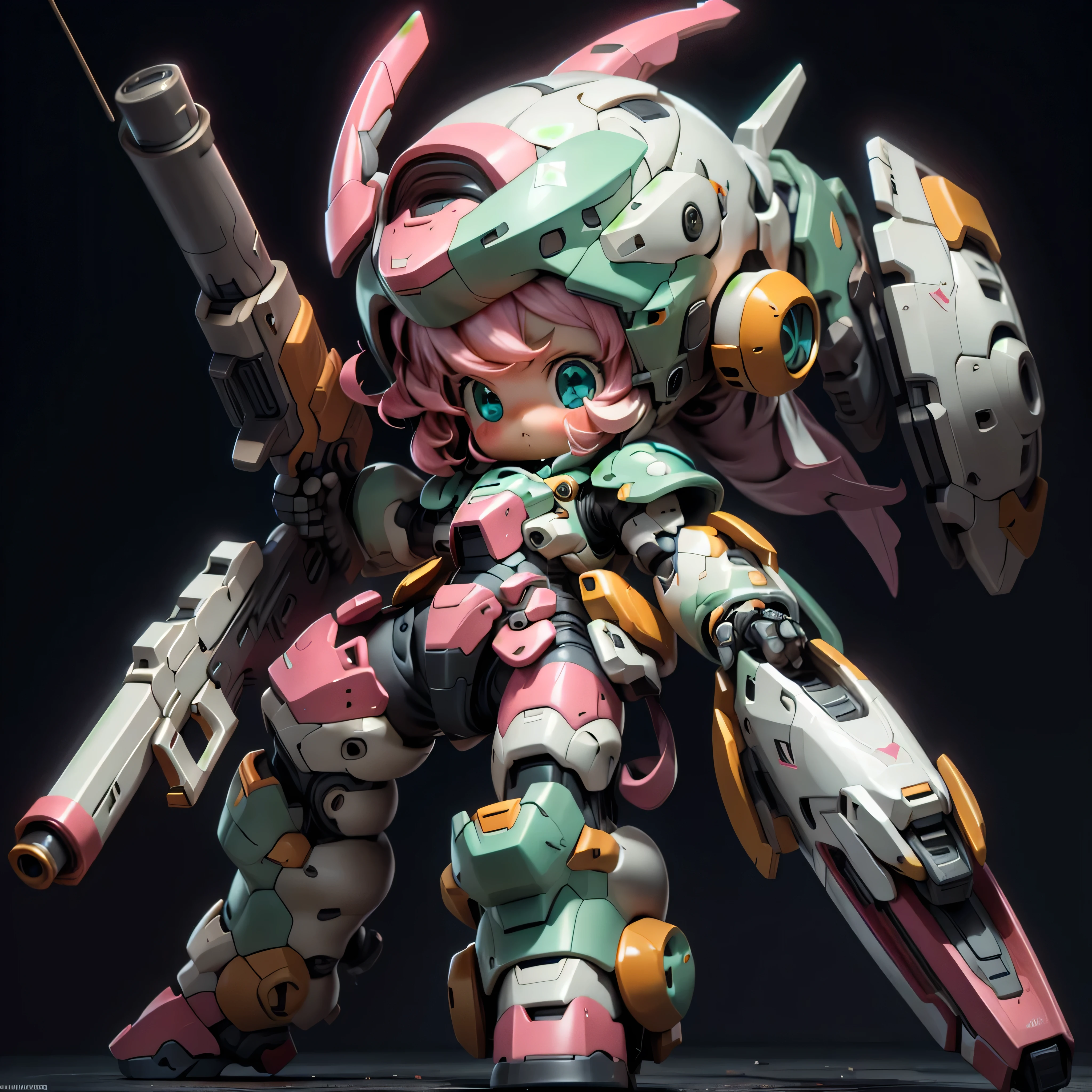 BJ_Cute_Mech,1girl,solo,blush,blue_eyes,holding,closed_mouth,standing,full_body,weapon,pink_hair,chibi,holding_weapon,armor,aqua_eyes,gun,helmet,black_background,clenched_hand,holding_gun,mecha_musume,power_armor,cinematic lighting,strong contrast,high level of detail,Best quality,masterpiece,White background,