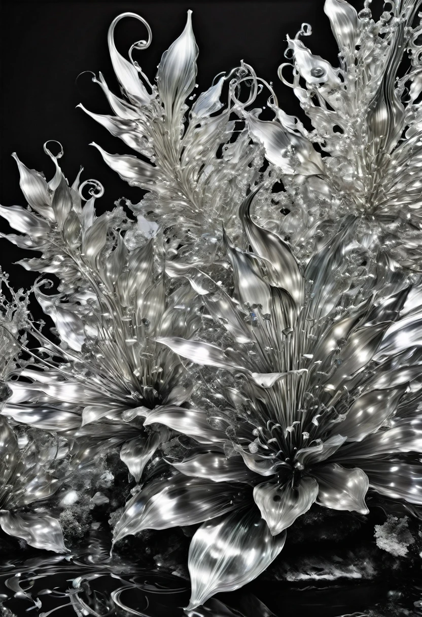 B&W, made of liquid metal, by Dale Chihuly, best quality, masterpiece, very aesthetic, perfect composition, intricate details, ultra-detailed