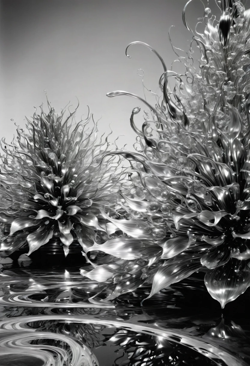 B&W, made of liquid metal, by Dale Chihuly, best quality, masterpiece, very aesthetic, perfect composition, intricate details, ultra-detailed