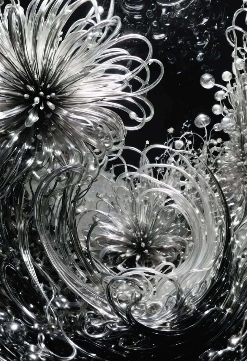B&W, made of liquid metal, by Dale Chihuly, best quality, masterpiece, very aesthetic, perfect composition, intricate details, ultra-detailed