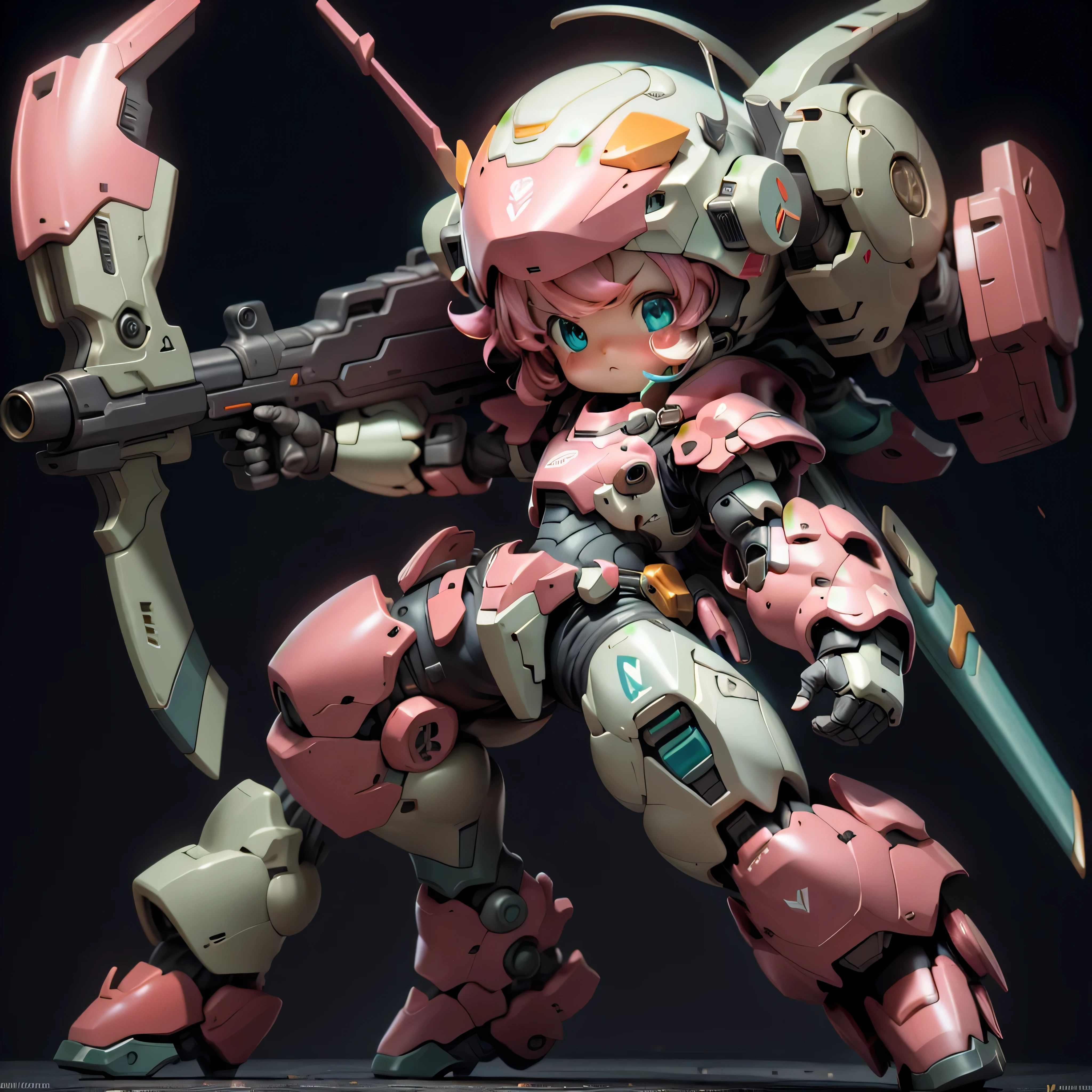 BJ_Cute_Mech,1girl,solo,blush,blue_eyes,holding,closed_mouth,standing,full_body,weapon,pink_hair,chibi,holding_weapon,armor,aqua_eyes,gun,helmet,black_background,clenched_hand,holding_gun,mecha_musume,power_armor,cinematic lighting,strong contrast,high level of detail,Best quality,masterpiece,White background,