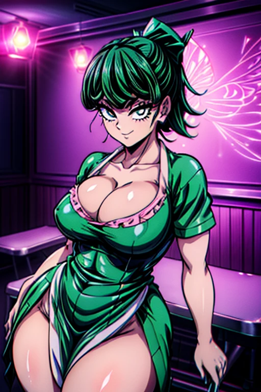 waitress, 1 girl, tatsumaki, smile, tender dark lilac eyes, thick eyelashes, black hair, ponytail on the right side of the head , pink and green butterfly ornament, straight bangs and two loose chin-length strands, beautiful face, high quality, all detailed, high quality, kimetsu no yaiba style, curvy, wide hips, thick thighs, ((retro waitress uniforms)), ((retro waitress skirt with apron)), ((cleavage))), looking at viewer, ( nightclub background )),night environment, pink LED lights adorning the place, (((masterpiece))), (((highest quality))), (((ultra detailed))), (((ultra high res))), (((16K))), (((perfect anatomy))), (((intricate detail))),held a tray with drinks, huge breasts