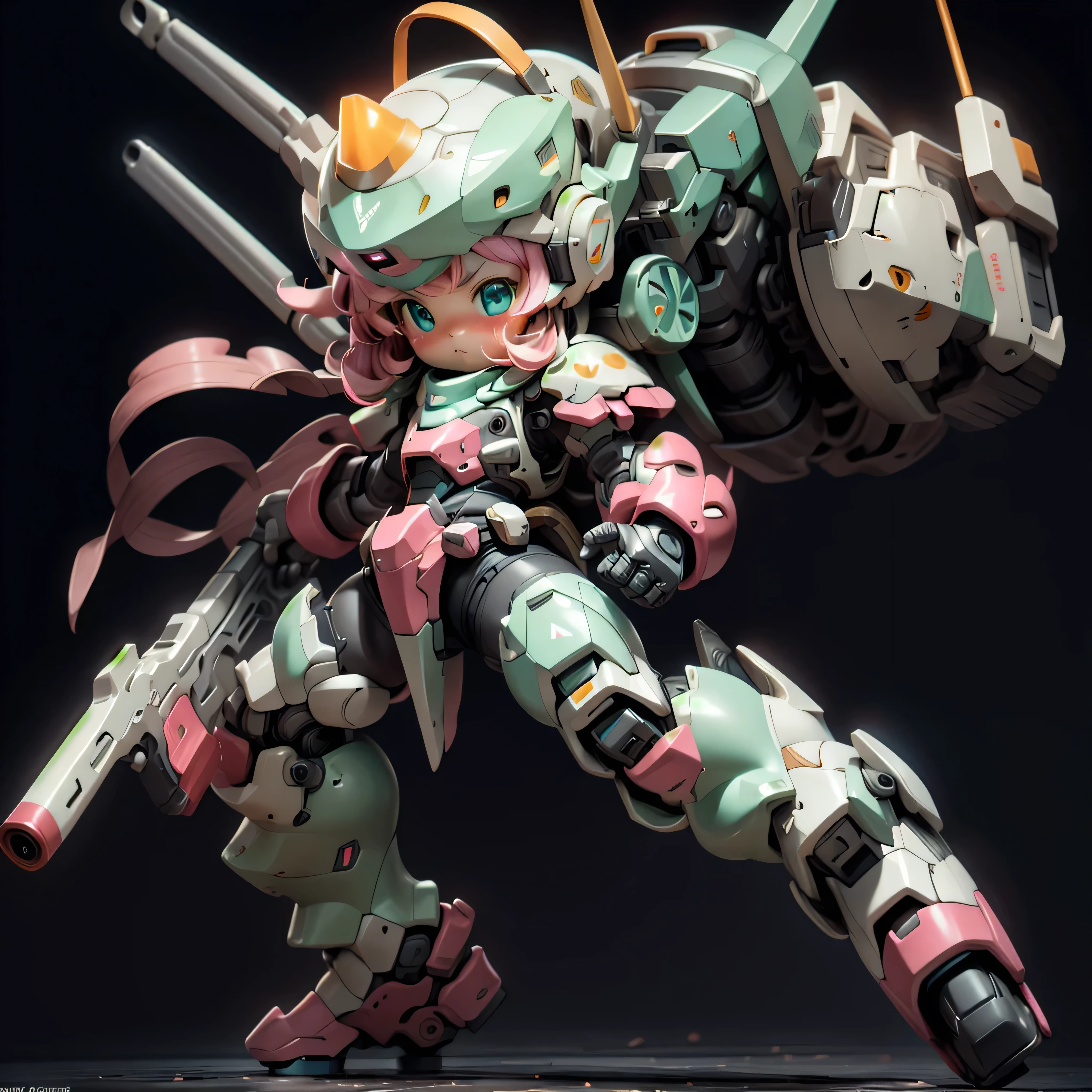 BJ_Cute_Mech,1girl,solo,blush,blue_eyes,holding,closed_mouth,standing,full_body,weapon,pink_hair,chibi,holding_weapon,armor,aqua_eyes,gun,helmet,black_background,clenched_hand,holding_gun,mecha_musume,power_armor,cinematic lighting,strong contrast,high level of detail,Best quality,masterpiece,White background,