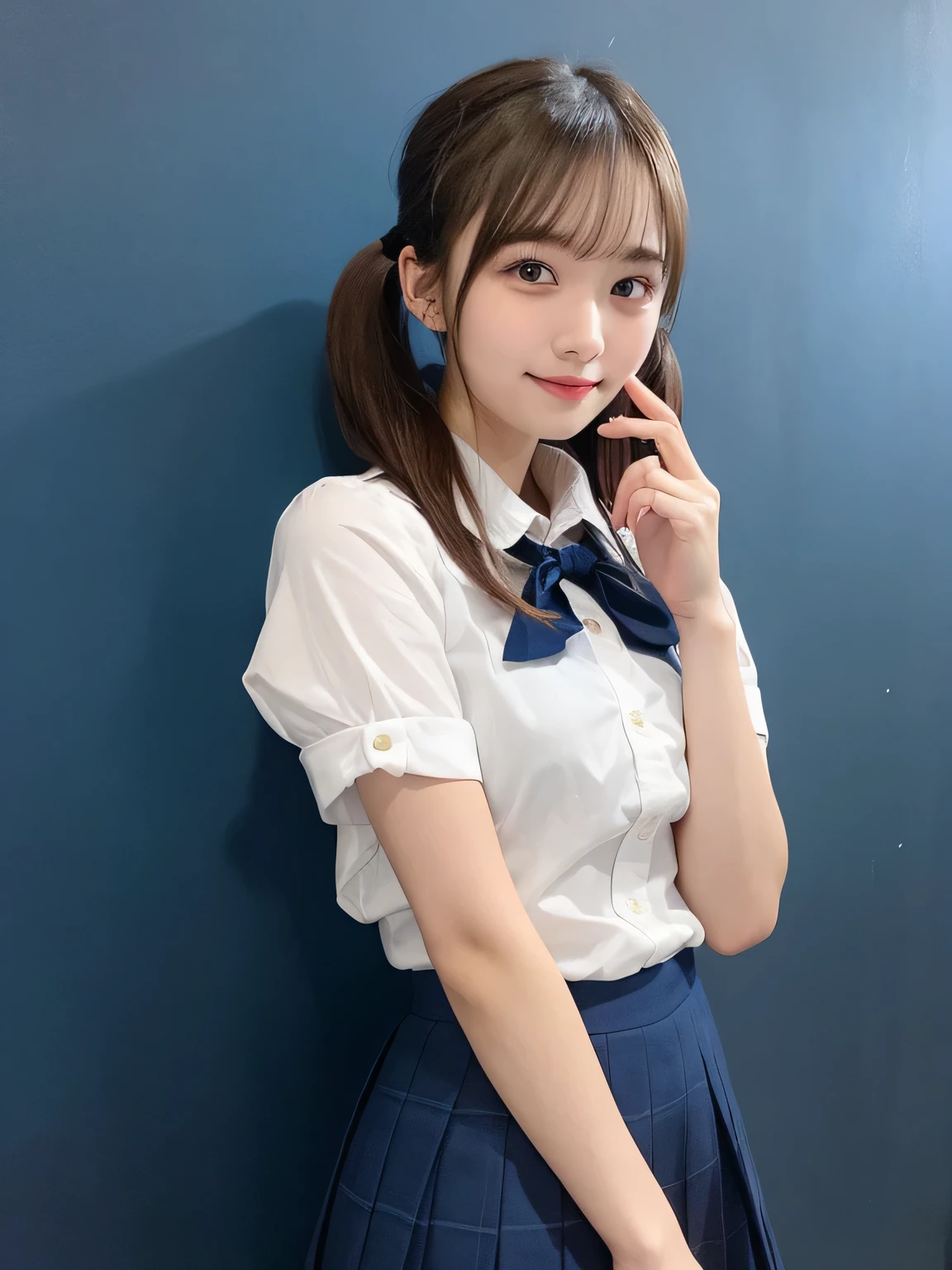 highest quality、Blonde、figure、 Blonde、Cleavage、Ultra-detailed、High resolution、8k wallpaper、Perfect dynamic composition,、Beautiful fine details、Natural color lip、Bold sexy pose、smile、14-year-old girl、cute、Sexy shot looking at the camera、(highest quality: 1.3), (masterpiece: 1.3), (Super Detail: 1.3), (One Girl: 1.1), (Detailed hands and fingers:1.2)、(Ultra-oily, lustrous skin with attention to detail:1.1)、Oily shiny knee socks、(The perfect school girl uniform:1.3)、Short-sleeved shirt with front opening、sexy、(Beautiful shapely small breasts:1.3)、(Navy blue mini skirt:1.2)、I can see your thighs、Brown Hair、Twin tails、Beautiful sister、Dark blue walls,sexy、I can see your thighs、