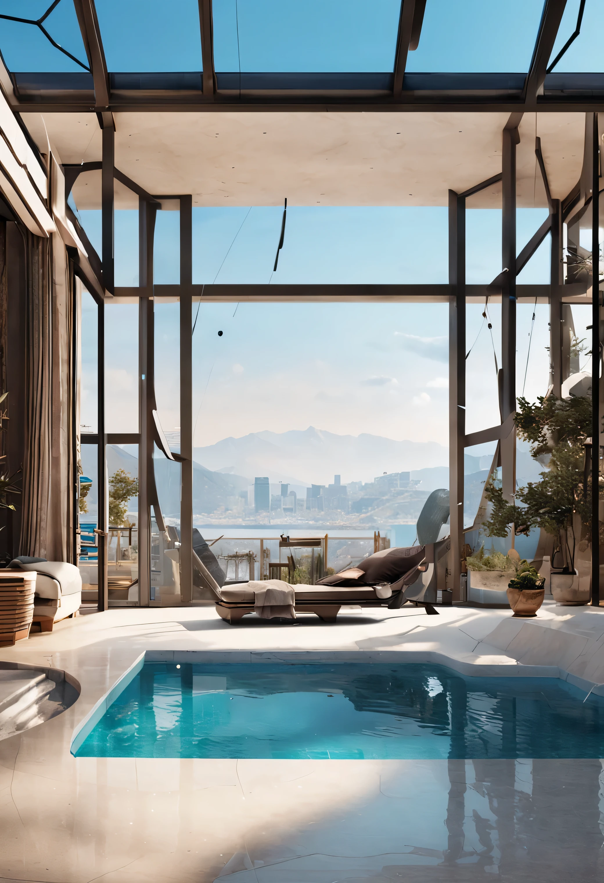 Une maison avec un sentiment de technologie futuriste,3-story building,Situated against the mountains,Face au lac,Immense piscine,style architectural moderne, Photo hyperdétaillée,building,complexe,ombrage, Plage dynamique élevée,dynamic lighting, photorealistic, soft, natural light, Faible H, chef-d'artwork, detailed 8k,There are a lot of details,Oversized floor-to-ceiling glass,A combination of technology and natural environment,A un look super cool,。Les couleurs sont saturées et vibrantes,Les bleus chauds et les violets dominent l'horizon。L'overall effect is both beautiful and impressive,visionnaire(plan large)、ultra haute résolution(reality:1.4)、super quality、fond d'Extremely detailed Unity 8k CG display、aesthetic、award-winning photography、Realism、High level of detail、detail enhancement,Supprimer le flou,complexe、L'art du voyage。the stunning visual shock。belle ville futuriste,belle ville, Un endroit de rêve chinois, , pixels, photographie de l'heure bleue,Pays de rêve chinois,Nuages spectaculaires,nuages fantastiques。compositions parfaites,La meilleure exposition,le nombre d'or) ,couleur pastel,art dramatique,cinematic lighting,tendance chez ArtStation,Trend in CG Society,Huge detail,