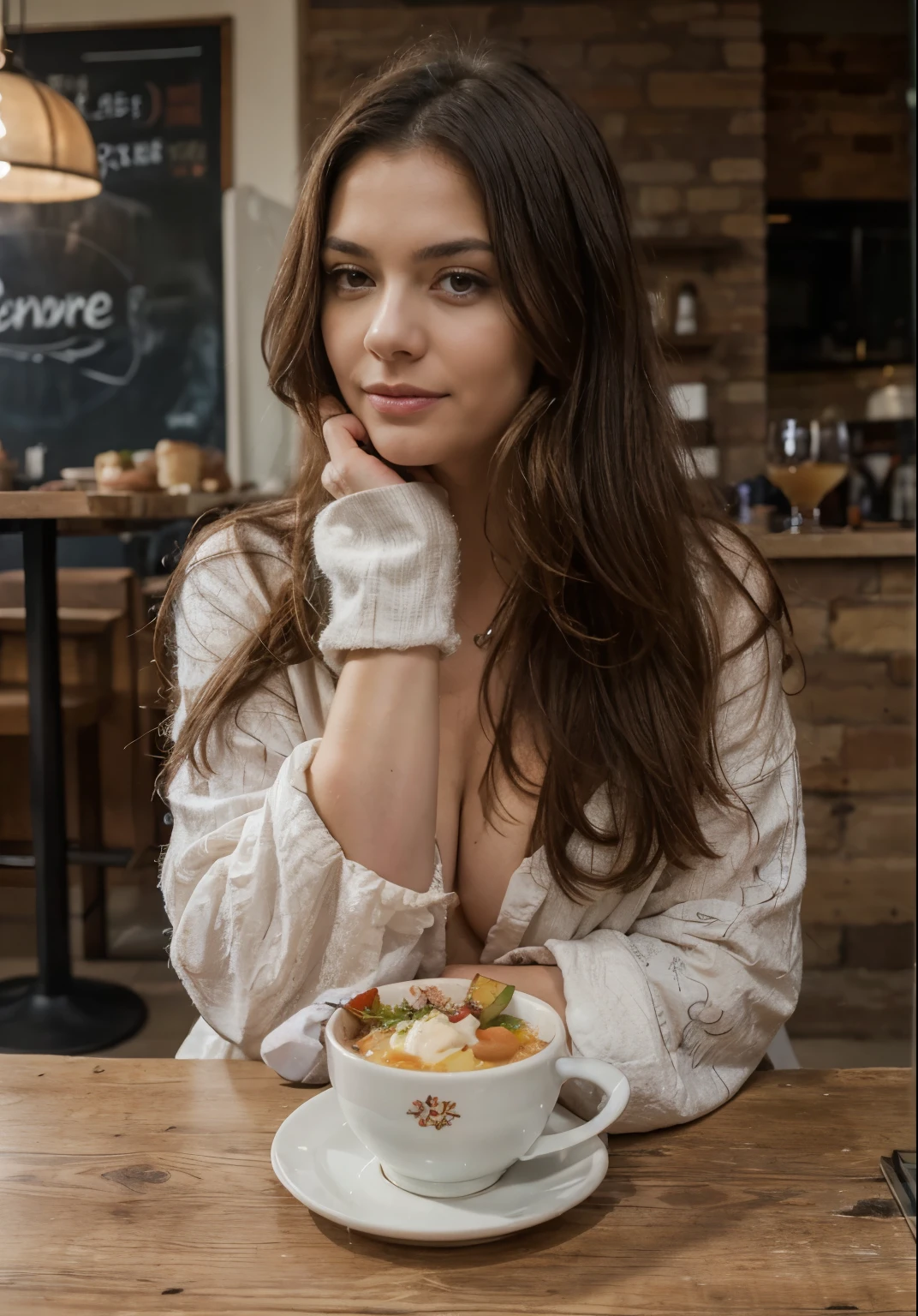 Best quality,4k,8k,high resolution,chef-d'artwork:1.2),ultra-detailed,(Realistic,photoRealistic,photo-Realistic:1.37),belle femme, 30 ans old,femme souriante,long,corrugated,dark brown hair,dark brown eyes,expression heureuse,Detailed hair strands,bonheur,atmosphère relaxante,High-end coffee,dressed in jeans,tenue stylée et moderne,coin salon confortable,meubles en bois,lighting'ambiance confortable,large glass windows,people enjoy their coffee,different coffee preparation equipment,grains de café de haute qualité,rich aroma,grains de café fraîchement moulus,delicate foam on the coffee cup,Hot and steaming coffee,takeaway cups,musique de fond csoft,vibrant and energetic atmosphere,palette de couleurs chaudes,couleurs neutres avec des touches de tons terreux,warm and soft lighting,elegant decorative elements,peintures murales artistiques,beautifully designed menu board,suspendre des plantes au plafond,espace lumineux et propre,options de pâtisseries à emporter,friandises gourmandes,detailed designs of coffee cups,thoughts on coffee cups,service client sympathique et attentionné,environnement invitant et accueillant,expérience de café chic et haut de gamme, Best quality, UHD, high details, Best quality, beau visage, visage ovale long, regard profond et charmant, regard profond, Cinematic lighting, flou de mouvement, Grains de films, very detailed, 30 ans, cheveux corrugateds naturels, dark brown eyes, high resolution, chef-d'artwork, Best quality, Intricate details, very detailed, Sharpness, detailed skin, Realistic skin texture, texture, detailed eyes, professionnel, 4k, 85mm, faible profondeur de champ, Vision des couleurs Kodak, corps parfaitement ajusté, Extremely detailed, photo_\(ultra\), photoRealistic, Realistic, Post-traitement, maximum detail, roughness, vrai vie, ultra Realistic, photorealism, la photographie, 8K UHD, la photographie (grain de film) latina