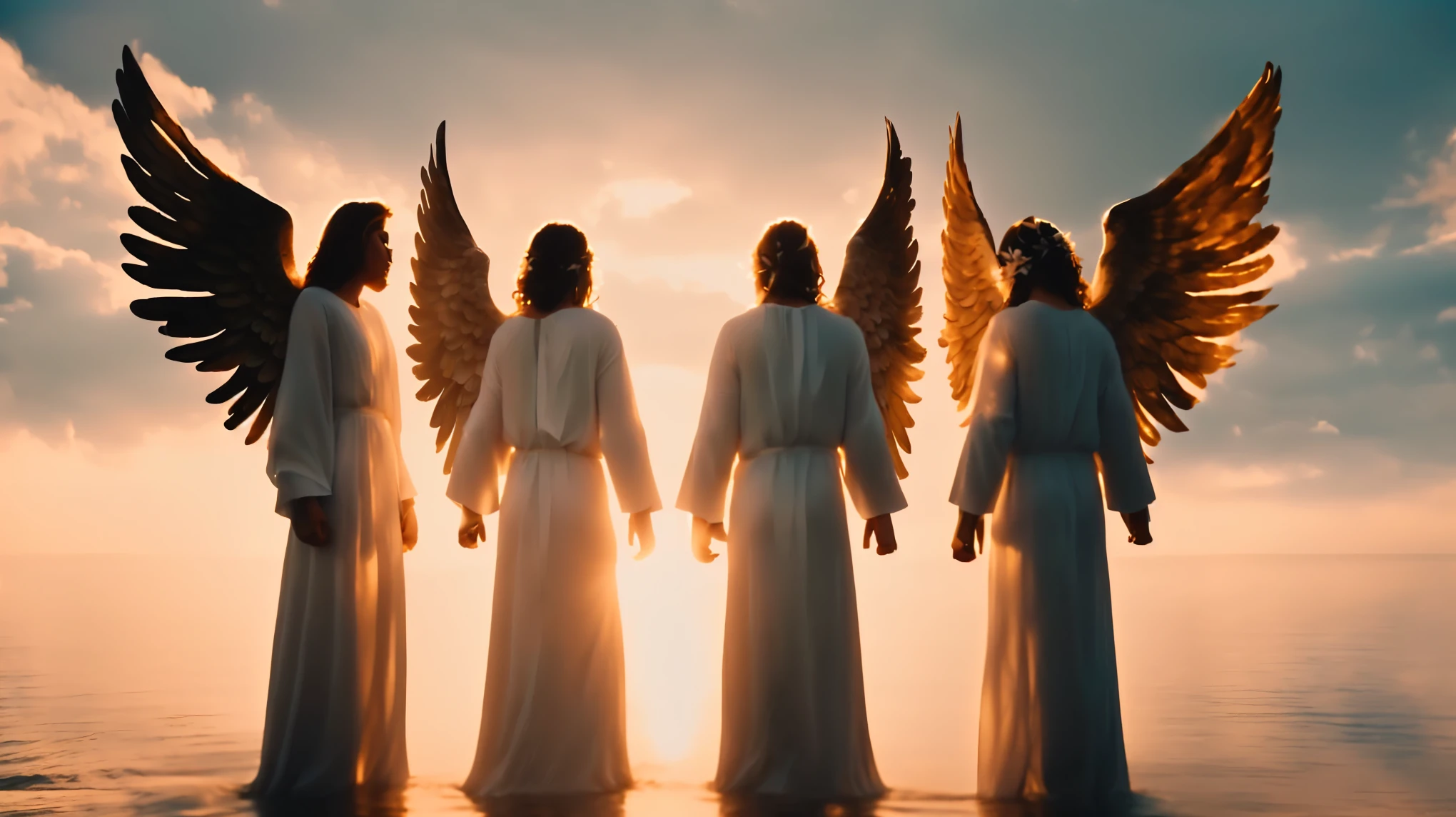 three angels standing in the water with their wings spread out, biblically accurate angels, angels, angels protecting a praying man, angels in the sky, angels in white gauze dresses, 2 angels, the angels are crying, flying angels, each having six wings, big angel wings wide open, angelic, angelic wings, godly and ethereal, angelical, infinite angel wings