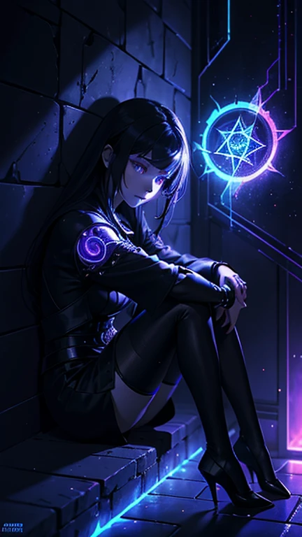depicts a modern-day witch who has embraced the world of cybernetics to enhance her magical abilities. The artwork should convey the enchanting blend of traditional witchcraft and futuristic technology. Here are some specific elements to include: The Witch's Lair: The setting should be a cozy yet slightly eerie room, filled with magical books, crystal balls, potion ingredients, and antique furnishings. The room should be dimly lit by candles and a soft, mystical glow emanating from her cybernetic enhancements. The Cyborg Witch: The central focus of the artwork is the witch herself. She's a striking figure with a mix of traditional witch attire and cybernetic enhancements. Her clothing should have a witchy, occult aesthetic, with flowing robes, a pointed hat, and an intricate pentagram necklace. Her arms, however, have been upgraded with cybernetic components that incorporate magical symbols and glowing runes. Magical Interface: The witch is in the midst of casting a spell, with a holographic, touch-screen interface floating before her. This interface includes spell incantations, arcane symbols, and digital components, demonstrating her fusion of magic and technology. Spell Ingredients: On a nearby table, there should be a collection of spell ingredients, like herbs, potions, and magical artifacts. Some of these items may have been modified with cybernetic enhancements, blurring the line between the natural and the technological. Familiar: The witch's familiar, perhaps a cat or raven, should be present in the scene, serving as her magical companion. The familiar could also have subtle cybernetic enhancements or glowing eyes. Glowing Runes: The room should be adorned with ancient symbols and glowing runes on the walls and floor, contributing to the magical atmosphere. Aetherial Lighting: Use a combination of mystical, ethereal lighting and cybernetic glows to create a captivating interplay of light and shadow. The contrast between the tradit