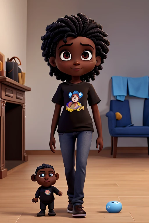 ,cabelos preto e longo, olhos preto e pequenos,blusa vermelha,calca preta, sapatos preto. Desenho pixar, Disney 4K