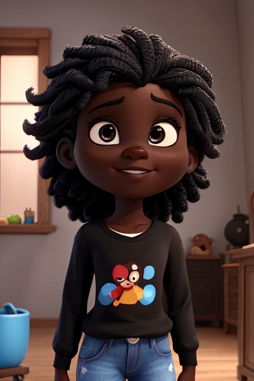 ,cabelos preto e longo, olhos preto e pequenos,blusa vermelha,calca preta, sapatos preto. Desenho pixar, Disney 4K