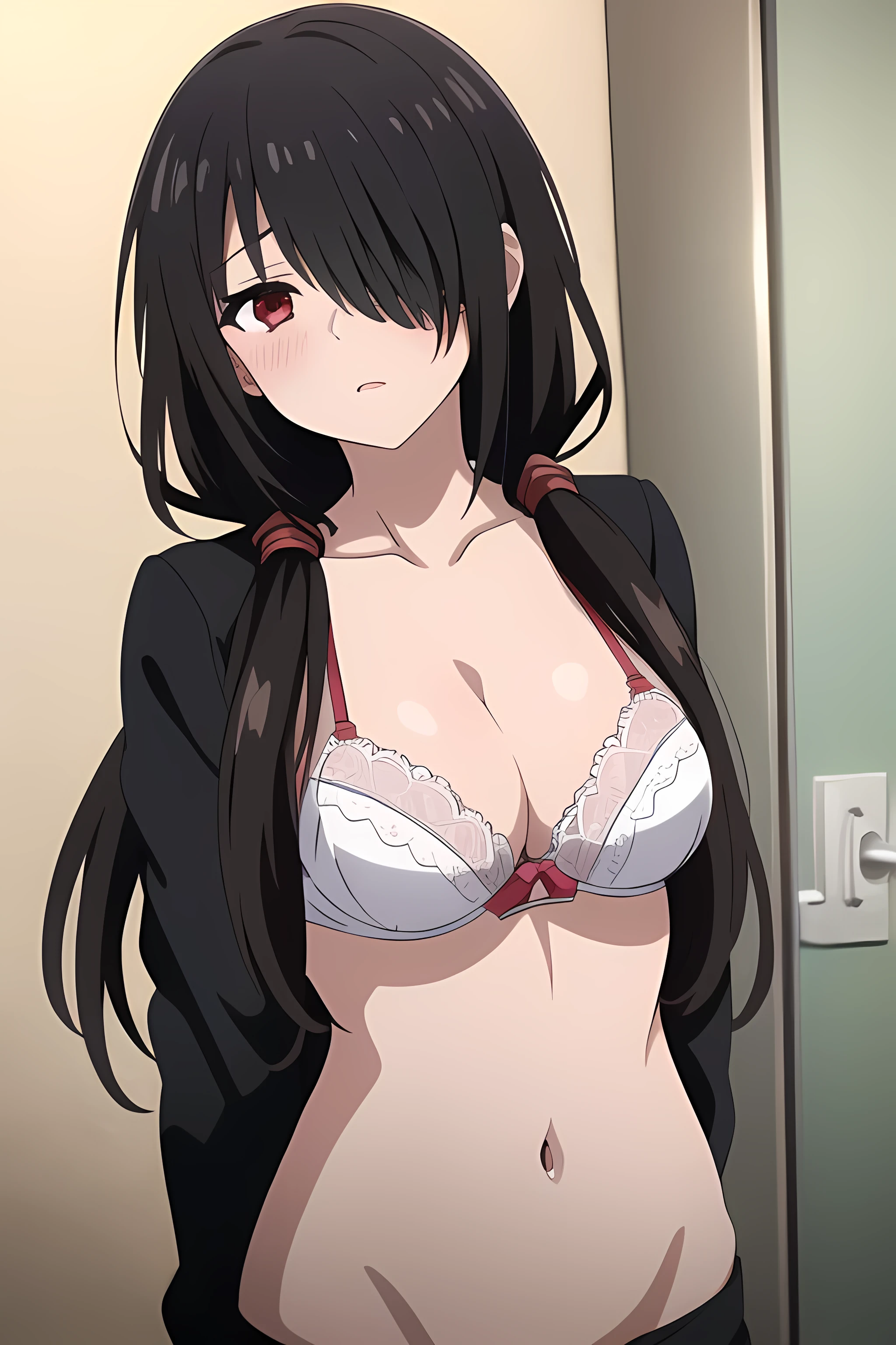 1girl, masterpiece, high quality, medium breast, bright breasts, safe, shining , blush face, cleavage, standing, tokisaki kurumi, black hair, low twintails, (hair over one eye:1.5), (red eyes:1.2), wet white jacket, black lace bra, showing her bra, show bra, close the camera,