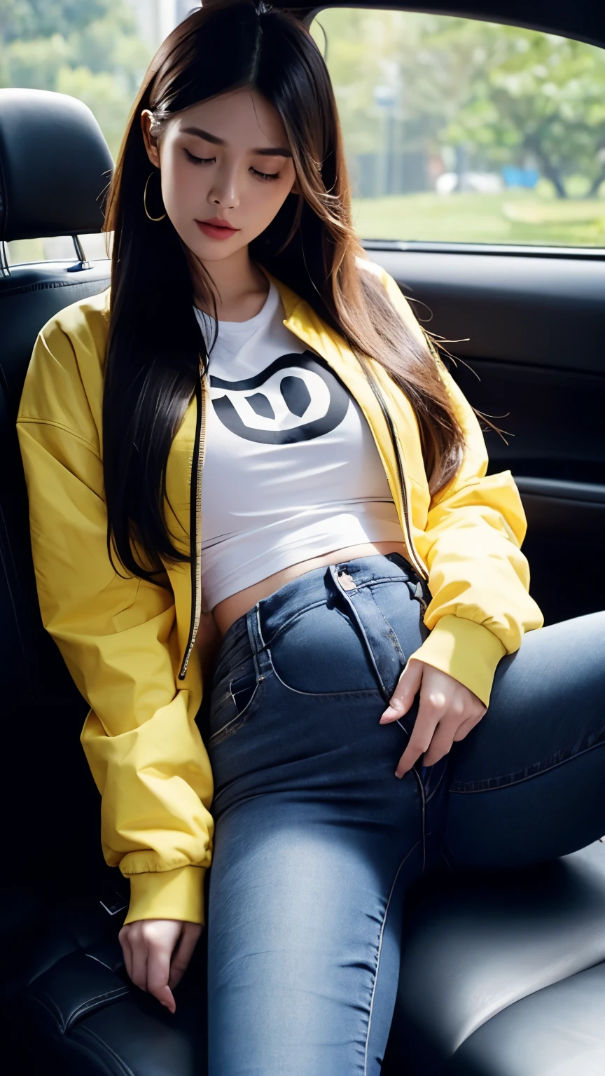 (photorealistic),(masterpiece),(ultra-detailed),a very pretty and sexy 20 year old girl holding more than liters of pee, sitting in a car seat ,wearing crop bubble jacket and tight black jeans,legs crossed tightly, lower abdomen part of the tight black jeans bulging from full bladder as big sphere as if she was fully nine months pregnant with ten kids but smooth rounded ,enduring extreme urge to pee,eyes slightly closed,pee about to come out,sweating,wearing skin tight black jeans,pee about to burst out