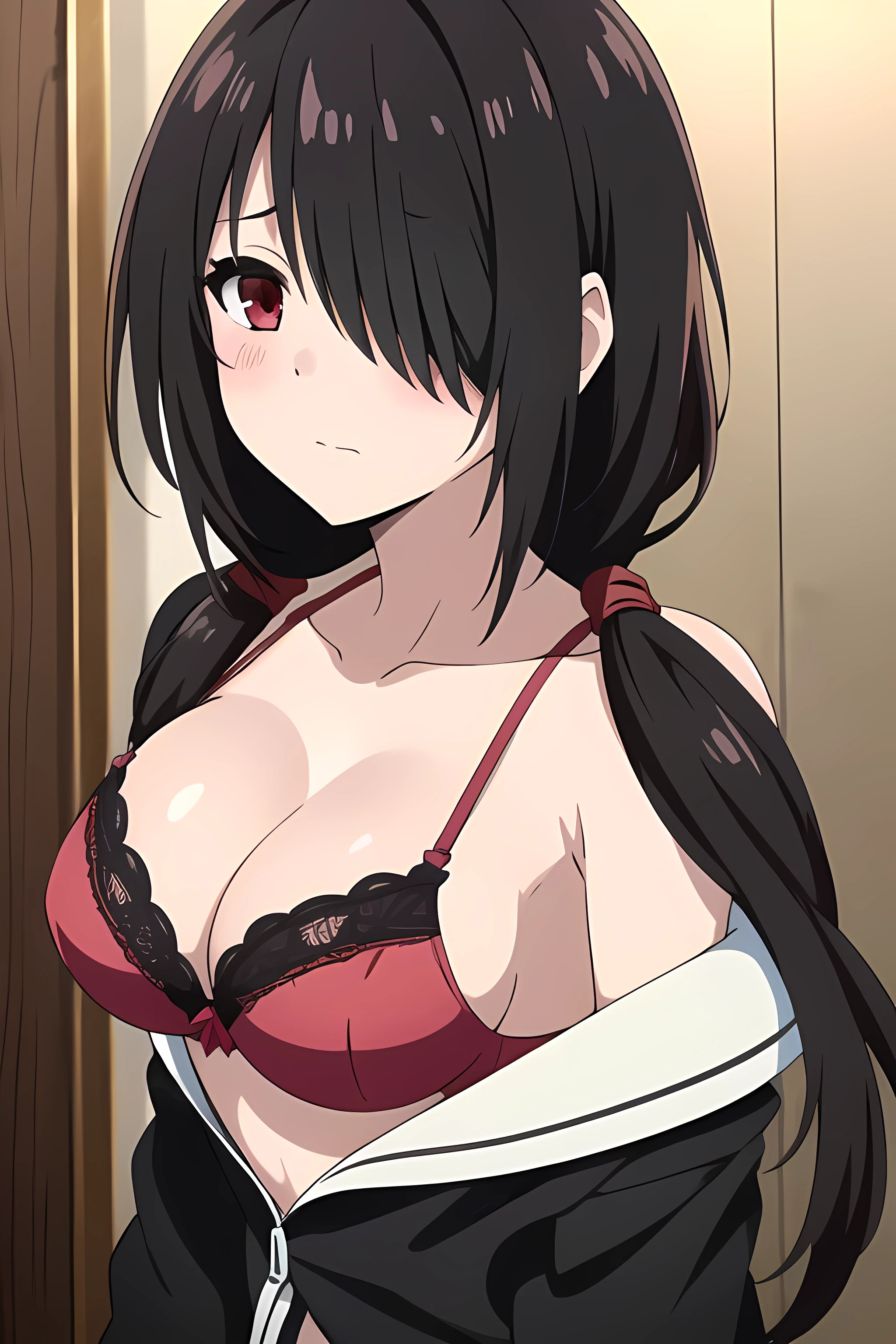 1girl, masterpiece, high quality, medium breast, bright breasts, safe, shining , blush face, cleavage, standing, tokisaki kurumi, black hair, low twintails, (hair over one eye:1.5), (red eyes:1.2), wet white jacket, black lace bra, showing her bra, show bra, close the camera,