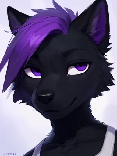 ((( the entire face is black except from the purple stripe adorable all black anthropomorphic dog with a purple stripe going on the middle of its face and to the top with purple hair on the very top of the head really close up to the camera like a profile picture, completely black face with a purple stripe down the middle))) , big chest , day, , sensual, detailed, uploaded to e621, beautiful and detailed portrait of an anthropomorphic , (((male))) uploaded to e621, zaush, foxovh, movie lighting, thicc, alone, detailed, 8k res, hires, detailed eyes, good anatomy, good perspective, towards viewer, by bebebebebe, by sicklyhypnos, by gerkk, by orf, nice hands, perfect hands, happy, romantic, ray tracing lighting, rtx on, By Bebebebebe, by SpiritD, by KOBITOWANI, best quality, masterpiece, perfect anatomy, detailed picture profile picture)), 1femboy, not any other color other than black and purple