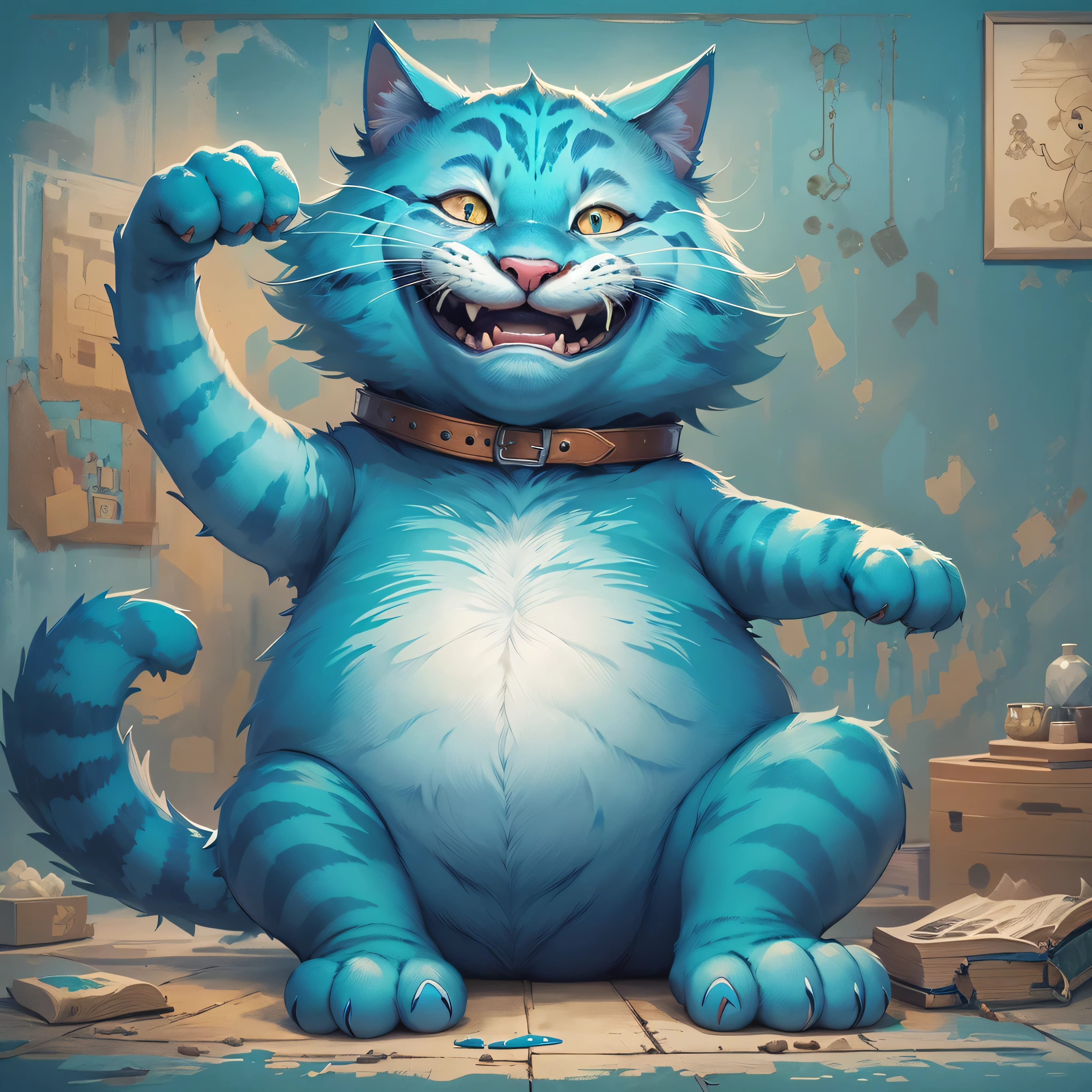 view full body Big blue cat smiling with a wide split mouth Fantastic atmosphere Picture book illustrations Overall, the color is strong blue