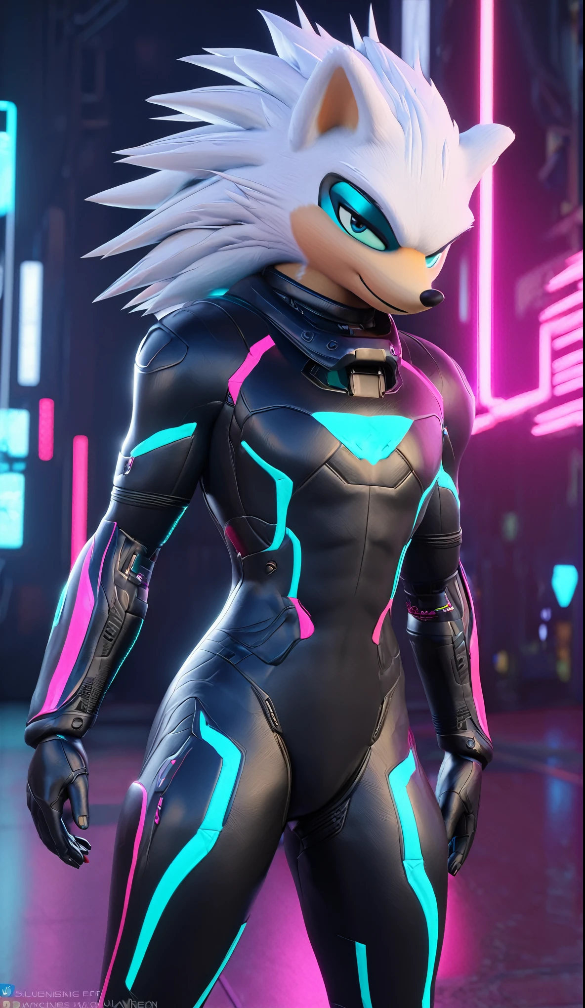 (((masterpiece:1.5, 4K, 8K))), a full body high quality digitally drawn rendered image ((by SEGA)) of A solo male anthro ((silver—white hedgehog)), with glowing blue eyes, ((metallic blue eyeliner:1.5)), (((tan muzzle))), wearing a (((sci-fi bodysuit))) stands in a neon-lit cyberpunk city The android's bodysuit is adorned with (((teal coloring:1.5))) with (((neon pink))) accents and intricate android seams, creating a futuristic look. the android has a seductive smirk on his face