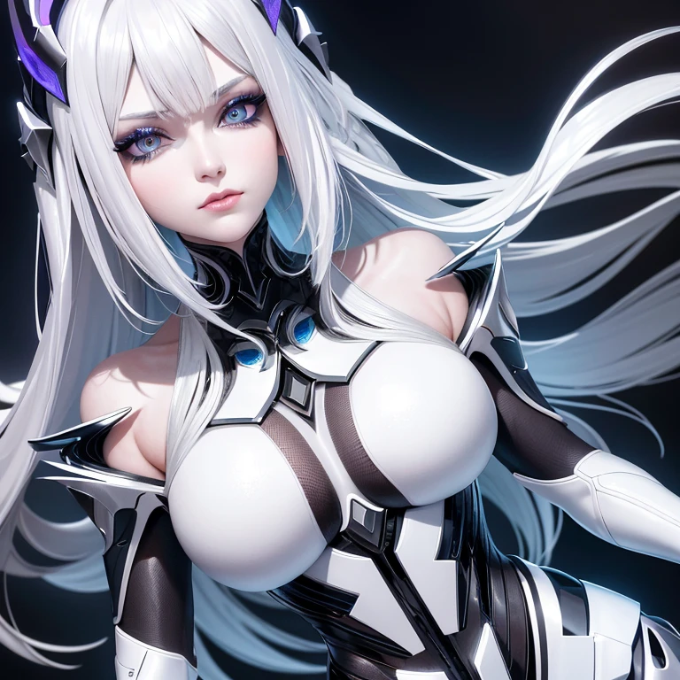 masterpiece, best quality, 1girl, futuristic armor, silver-white, platinum-hued hair cascading in chiseled layers, perfectly accentuating the sleek design of the armor, adorned with intricate details; shimmering under the futuristic cityscape lights. Her eyes, a captivating blend of electric blue and violet hues, sparkle with an otherworldly allure, framed by long, luxurious lashes and accentuated by high cheekbones. Her face is a flawless canvas, sculpted with sharp angles and smooth contours, evoking a ethereal, futuristic beauty, worthy of being immortalized as a