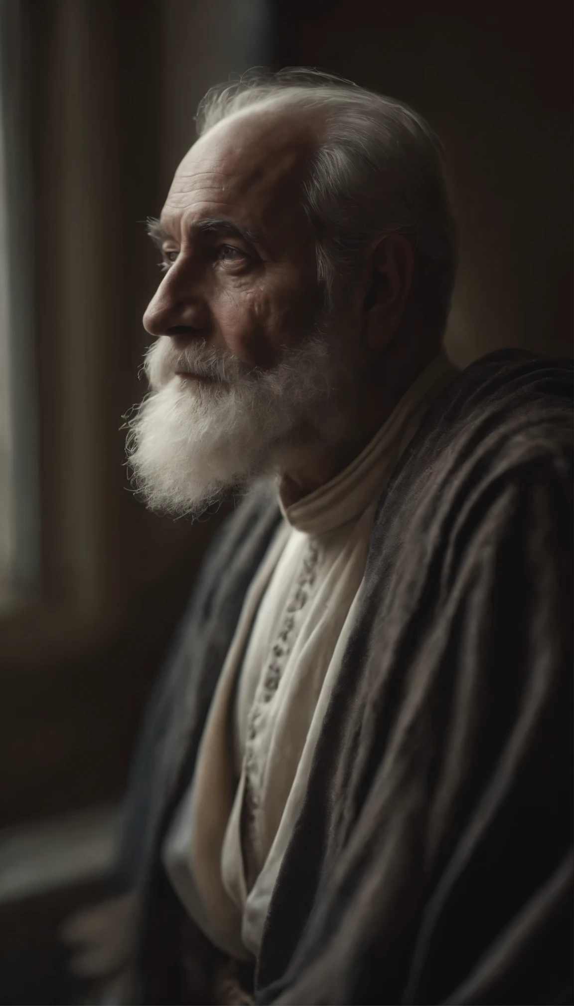 A middle-aged sage from the Islamic era with white skin and a long, thick white beard stares into the lens, smiling faintly while standing far away and wearing beautiful white clothes, very realistic 4k vintage so that the whole body appears