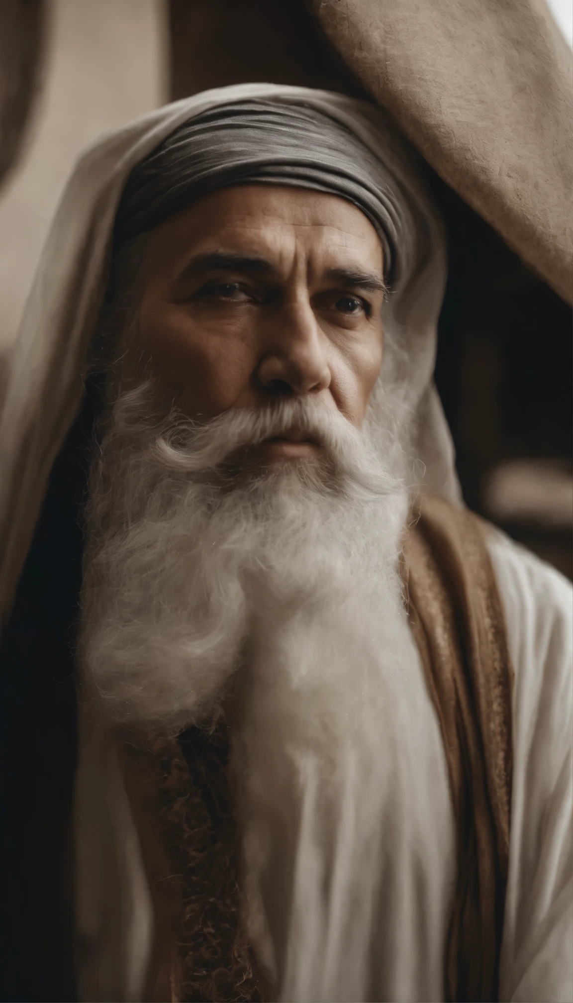 A middle-aged sage from the Islamic era with white skin and a long, thick white beard stares into the lens, smiling faintly while standing far away and wearing beautiful white clothes, very realistic 4k vintage so that the whole body appears