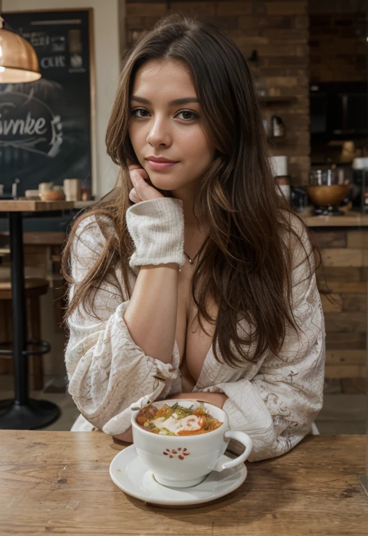 Best quality,4k,8k,high resolution,chef-d&#39;artwork:1.2),ultra-detailed,(Realistic,photoRealistic,photo-Realistic:1.37),belle femme, 25 ans old,femme souriante,long,corrugated,dark brown hair,dark brown eyes,expression heureuse,Detailed hair strands,bonheur,atmosphère relaxante,dressed in jeans,tenue stylée et moderne,coin salon confortable,meubles en bois,lighting&#39;ambiance confortable,large glass windows,people enjoy their tea, takeaway cups,musique de fond csoft,vibrant and energetic atmosphere,palette de couleurs chaudes,couleurs neutres avec des touches de tons terreux,warm and soft lighting,elegant decorative elements,peintures murales artistiques,beautifully designed menu board,suspendre des plantes au plafond,espace lumineux et propre,options de pâtisseries à emporter,friandises gourmandes, service client sympathique et attentionné,environnement invitant et accueillant, UHD, high details, Best quality, beau visage, visage ovale long, regard profond et charmant, regard profond, Cinematic lighting, flou de mouvement, Grains de films, very detailed, 25 ans, cheveux corrugateds naturels, dark brown eyes, high resolution, chef-d&#39;artwork, Best quality, Intricate details, very detailed, Sharpness, detailed skin, Realistic skin texture, texture, detailed eyes, professionnel, 4k, 85mm, faible profondeur de champ, Vision des couleurs Kodak, corps parfaitement ajusté, Extremely detailed, photo_\(ultra\), photoRealistic, Realistic, Post-traitement, maximum detail, roughness, vrai vie, ultra Realistic, photorealism, la photographie, 8K UHD, la photographie (grain de film) latina 
