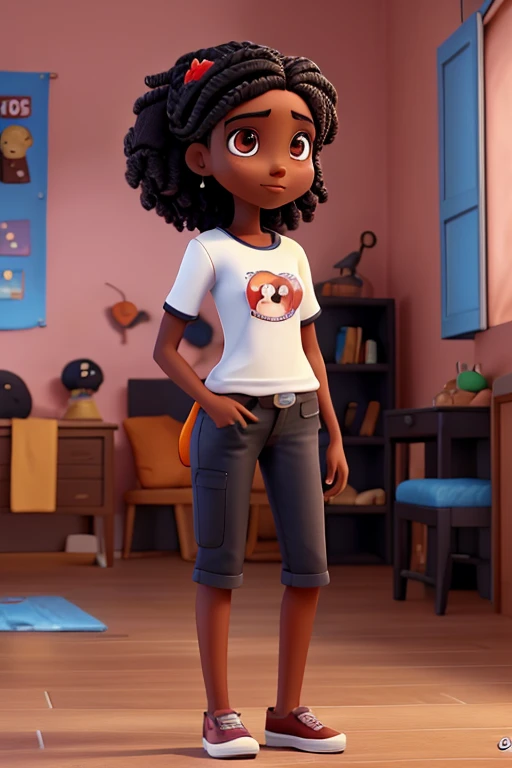   morena clara ,cabelos preto e longo, olhos preto,blusa vermelha,calca preta, sapatos preto. Desenho pixar, Disney 4K
